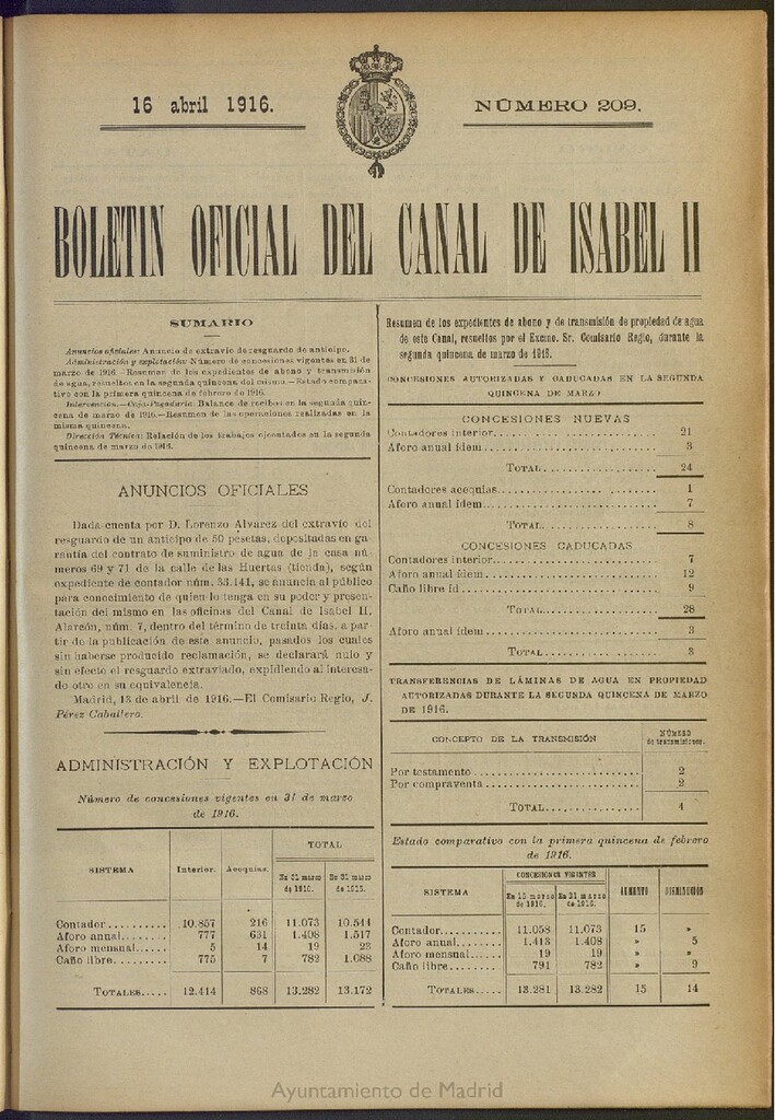 Miniatura de Boletín Oficial del Canal de Isabel II del 16 de abril de 1916, nº 209