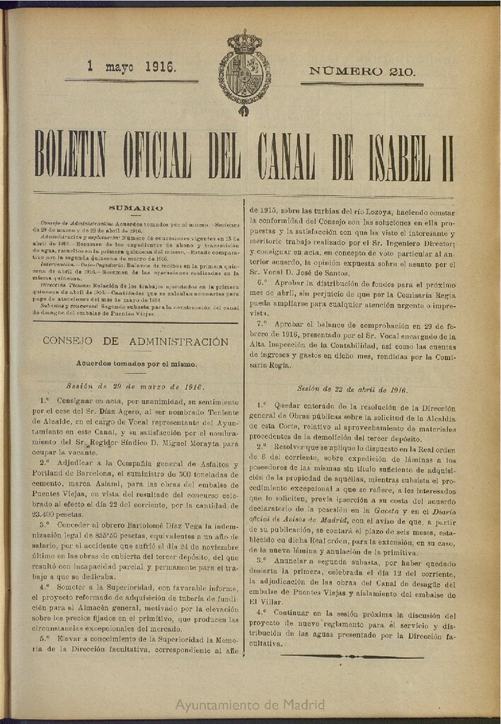 Miniatura de Boletín Oficial del Canal de Isabel II del 1 de mayo de 1916, nº 210