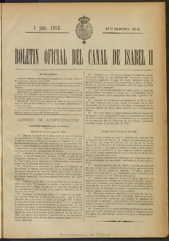 Miniatura de Boletín Oficial del Canal de Isabel II del 1 de julio de 1916, nº 214