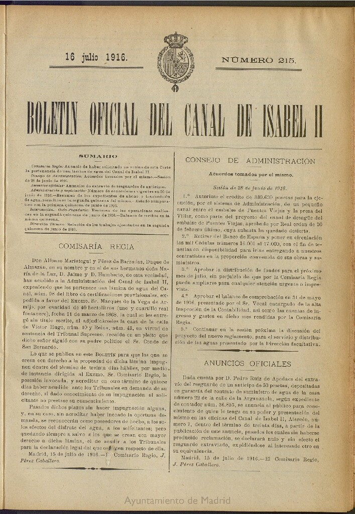 Miniatura de Boletín Oficial del Canal de Isabel II del 16 de julio de 1916, nº 215