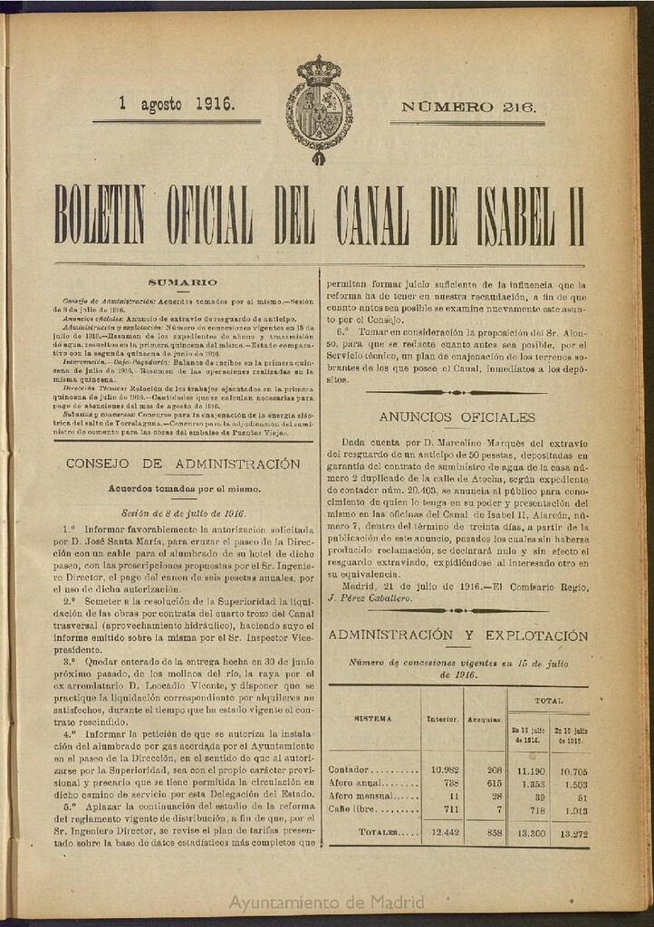 Miniatura de Boletín Oficial del Canal de Isabel II del 1 de agosto de 1916, nº 216
