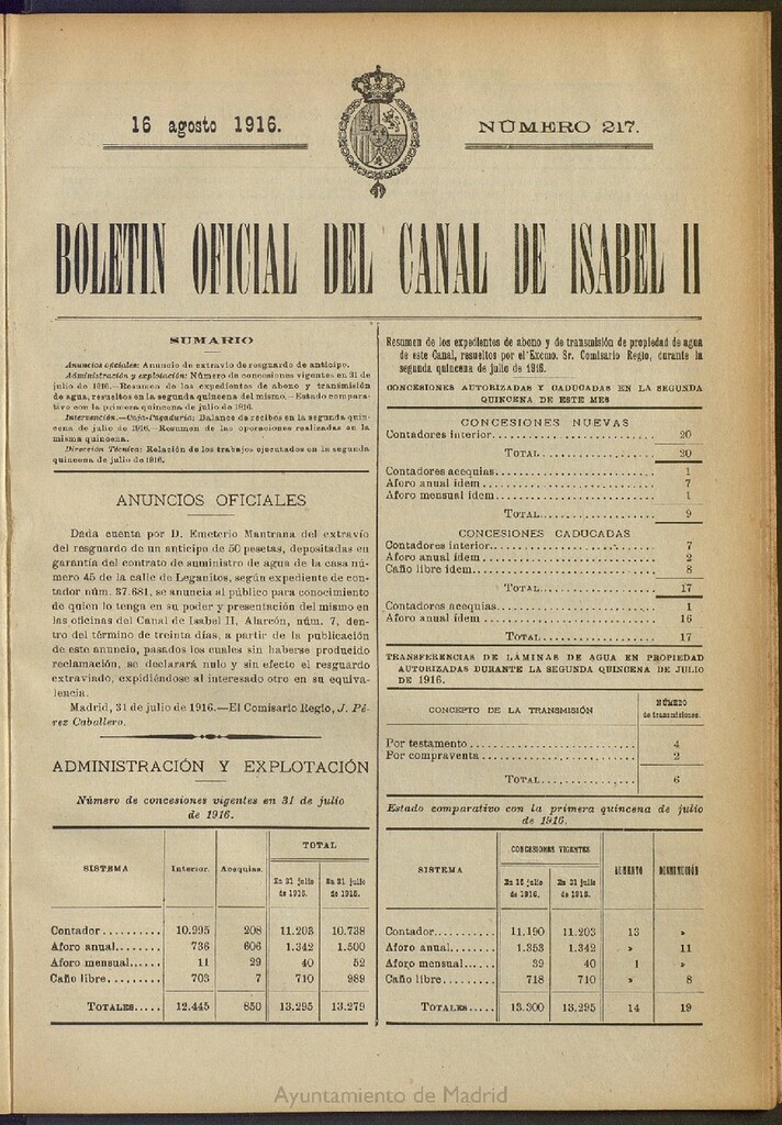 Miniatura de Boletín Oficial del Canal de Isabel II del 16 de agosto de 1916, nº 217