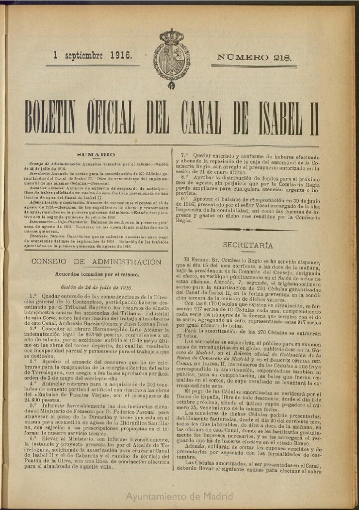 Miniatura de Boletín Oficial del Canal de Isabel II del 1 de septiembre de 1916, nº 218
