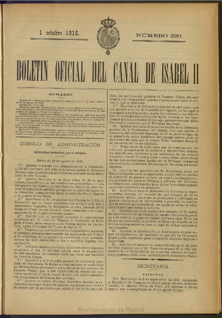 Miniatura de Boletín Oficial del Canal de Isabel II del 1 de octubre de 1916, nº 220