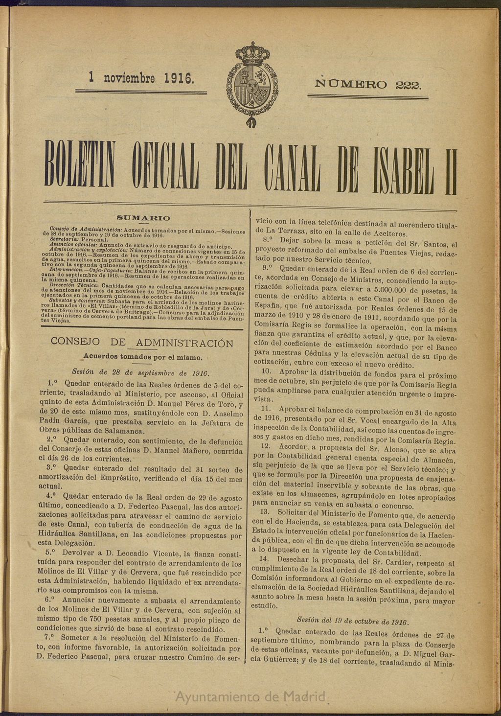 Miniatura de Boletín Oficial del Canal de Isabel II del 1 de noviembre de 1916, nº 222