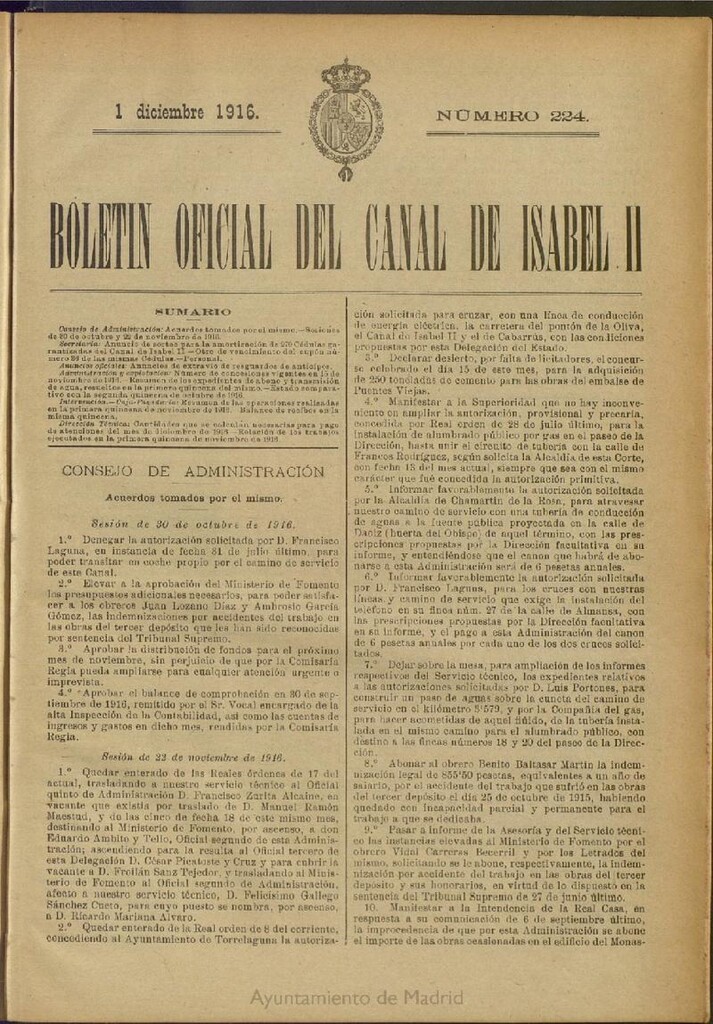 Miniatura de Boletín Oficial del Canal de Isabel II del 1 de diciembre de 1916, nº 224