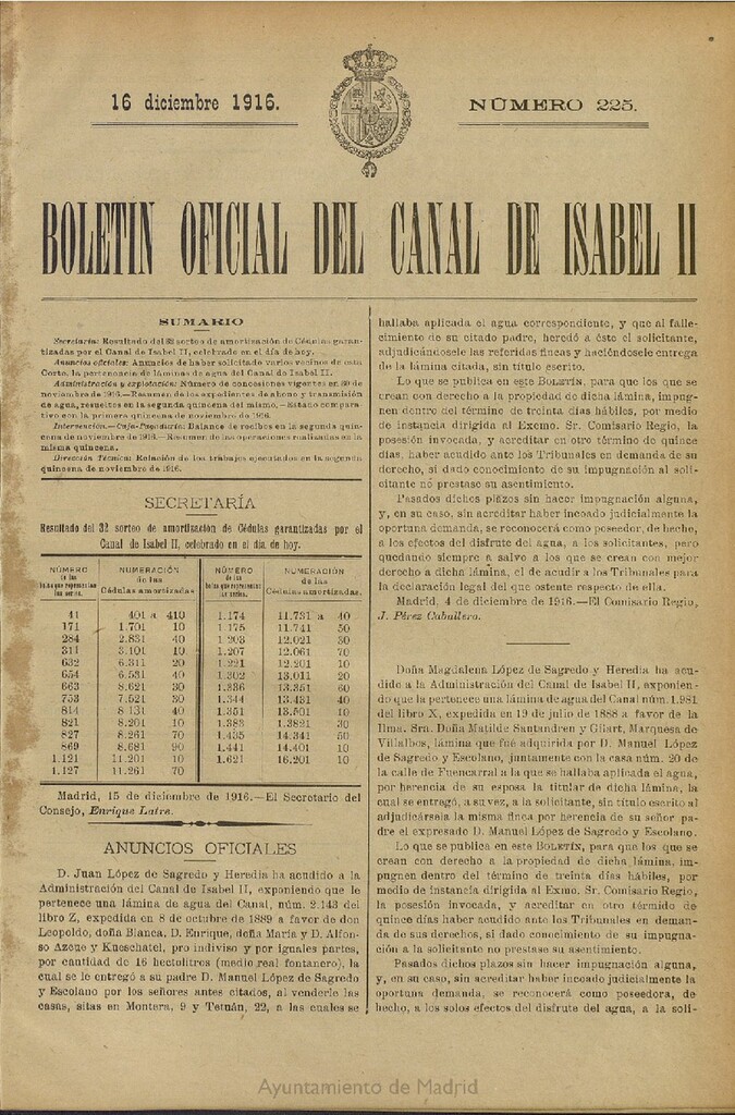 Miniatura de Boletín Oficial del Canal de Isabel II del 16 de diciembre de 1916, nº 225