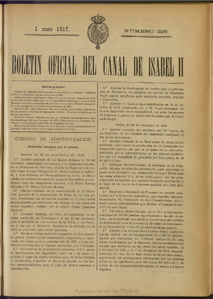 Miniatura de Boletín Oficial del Canal de Isabel II del 1 de enero de 1917, nº 226