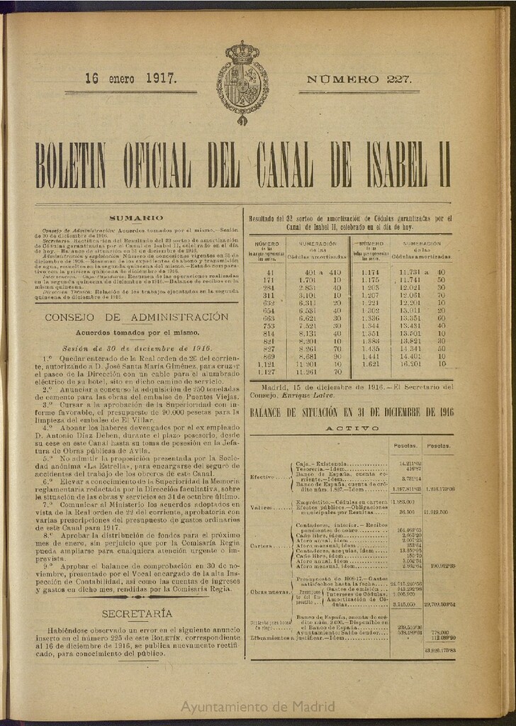 Miniatura de Boletín Oficial del Canal de Isabel II del 16 de enero de 1917, nº 227