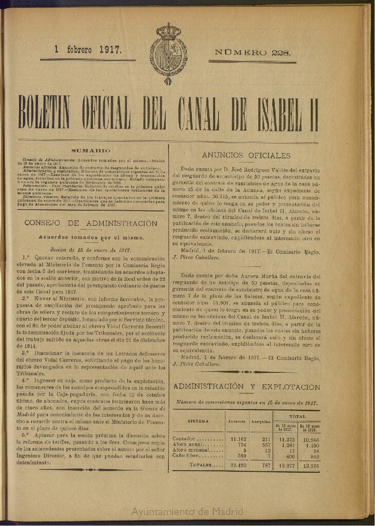 Miniatura de Boletín Oficial del Canal de Isabel II del 1 de febrero de 1917, nº 228