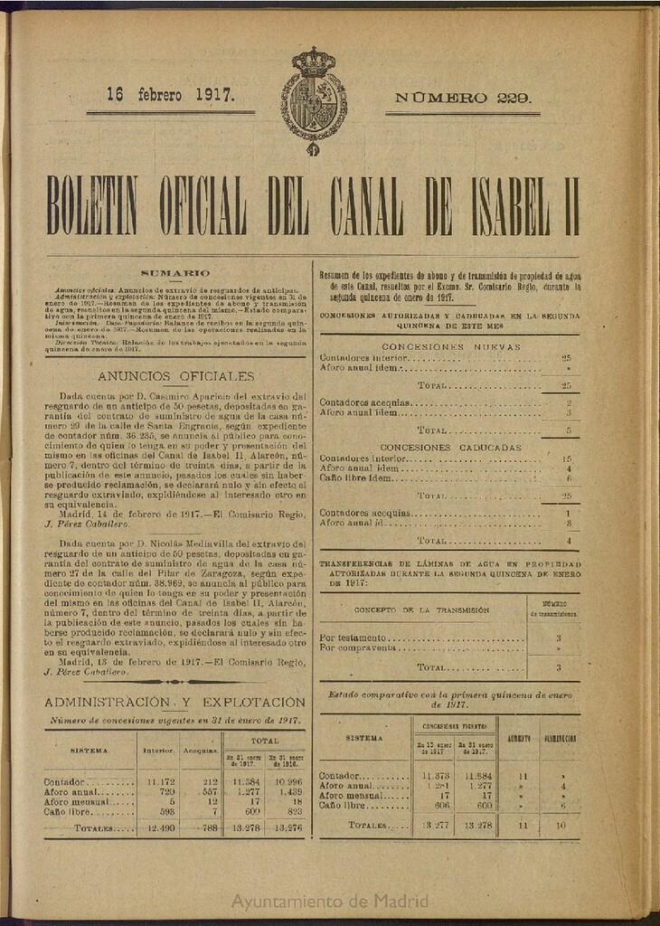 Miniatura de Boletín Oficial del Canal de Isabel II del 16 de febrero de 1917, nº 229