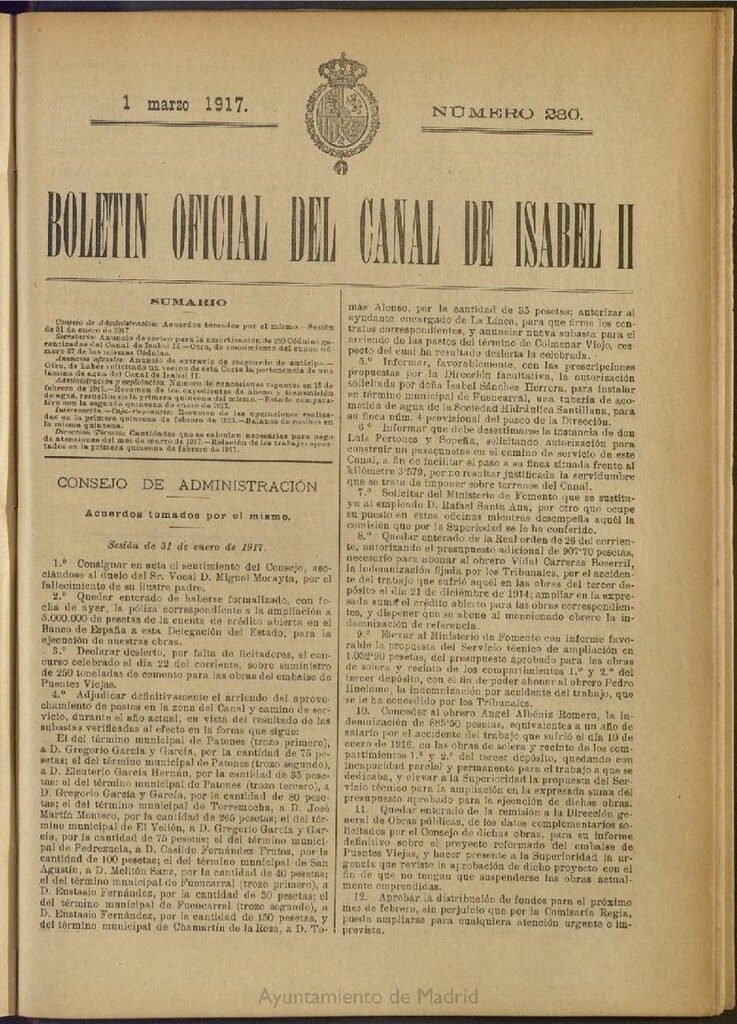 Miniatura de Boletín Oficial del Canal de Isabel II del 1 de marzo de 1917, nº 230