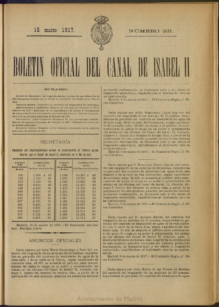 Miniatura de Boletín Oficial del Canal de Isabel II del 16 de marzo de 1917, nº 231