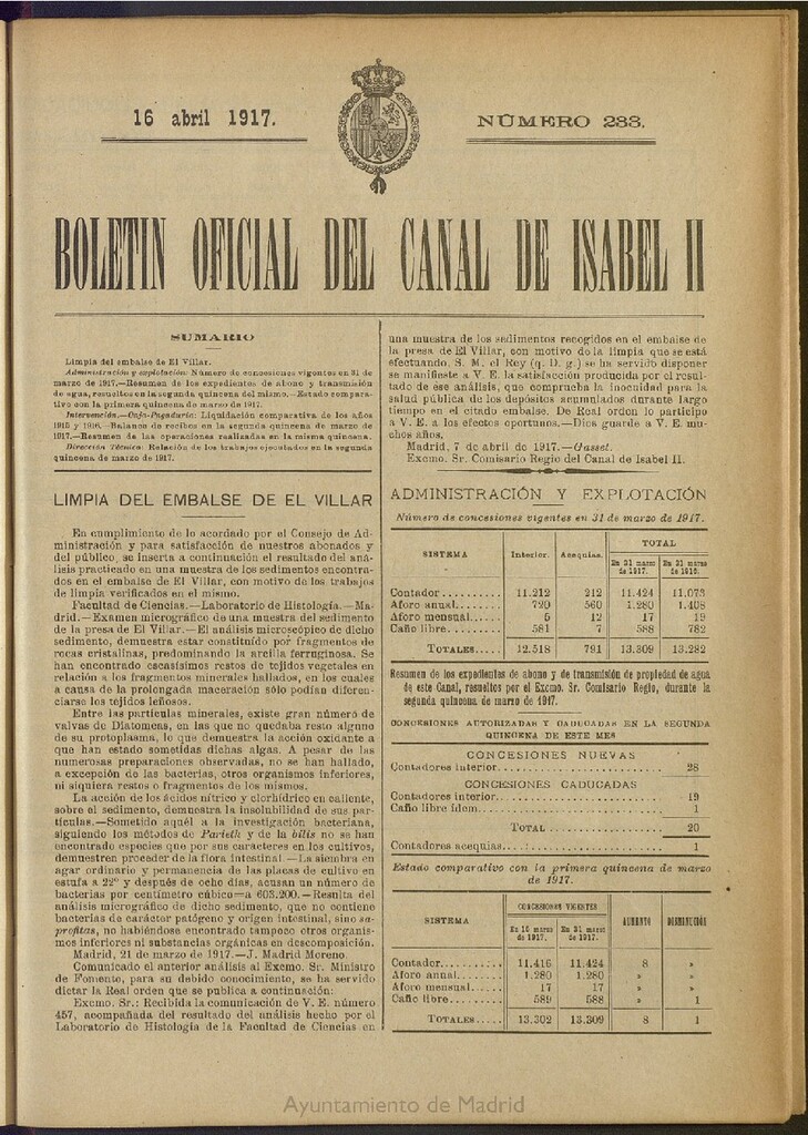 Miniatura de Boletín Oficial del Canal de Isabel II del 16 de abril de 1917, nº 233