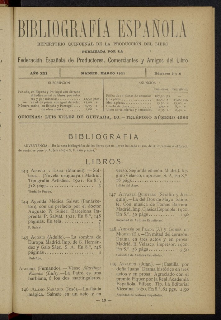 Miniatura de Bibliografía Española de marzo de 1921