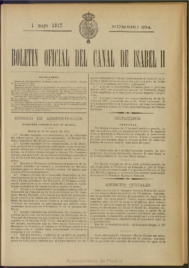 Miniatura de Boletín Oficial del Canal de Isabel II del 1 de mayo de 1917, nº 234