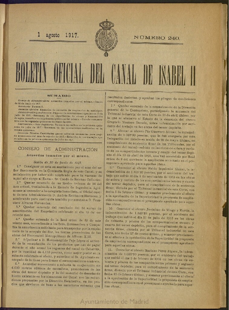 Miniatura de Boletín Oficial del Canal de Isabel II del 1 de agosto de 1917, nº 240