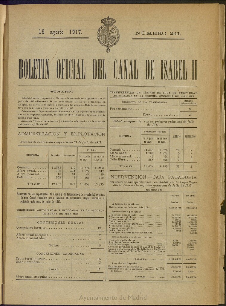 Miniatura de Boletín Oficial del Canal de Isabel II del 16 de agosto de 1917, nº 241
