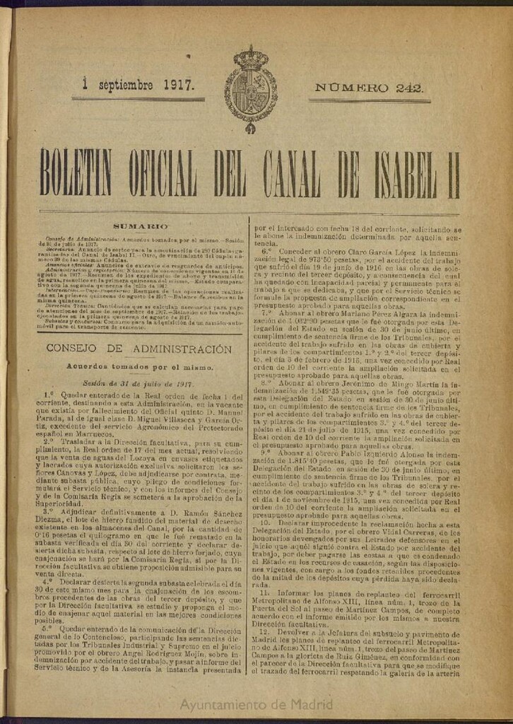 Miniatura de Boletín Oficial del Canal de Isabel II del 1 de septiembre de 1917, nº 242