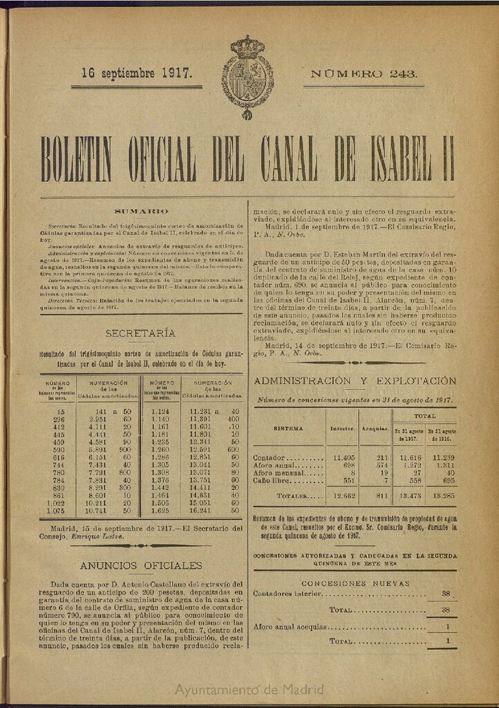 Miniatura de Boletín Oficial del Canal de Isabel II del 16 de septiembre de 1917, nº 243