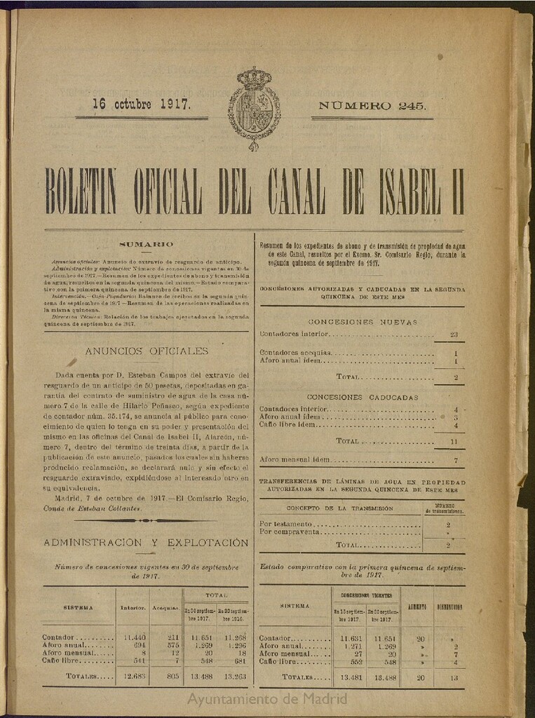 Miniatura de Boletín Oficial del Canal de Isabel II del 16 de octubre de 1917, nº 245