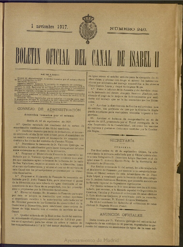 Miniatura de Boletín Oficial del Canal de Isabel II del 1 de noviembre de 1917, nº 246