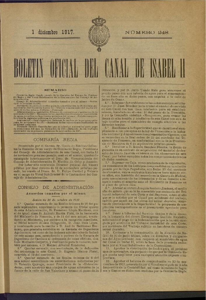 Miniatura de Boletín Oficial del Canal de Isabel II del 1 de diciembre de 1917, nº 248