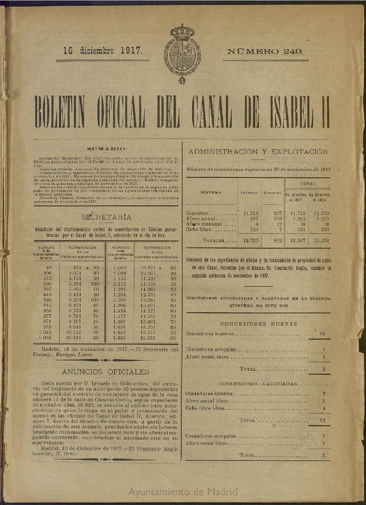 Miniatura de Boletín Oficial del Canal de Isabel II del 16 de diciembre de 1917, nº 249