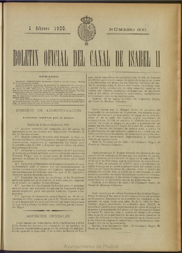 Miniatura de Boletín Oficial del Canal de Isabel II del 1 de febrero de 1920, nº 300