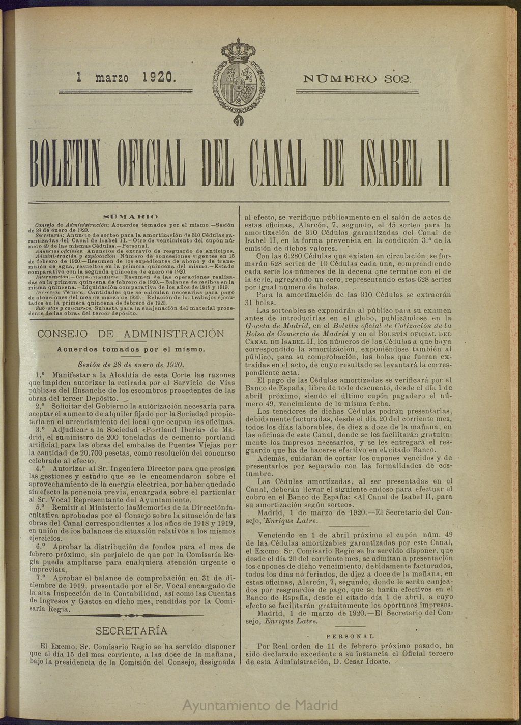 Miniatura de Boletín Oficial del Canal de Isabel II del 1 de marzo de 1920, nº 302