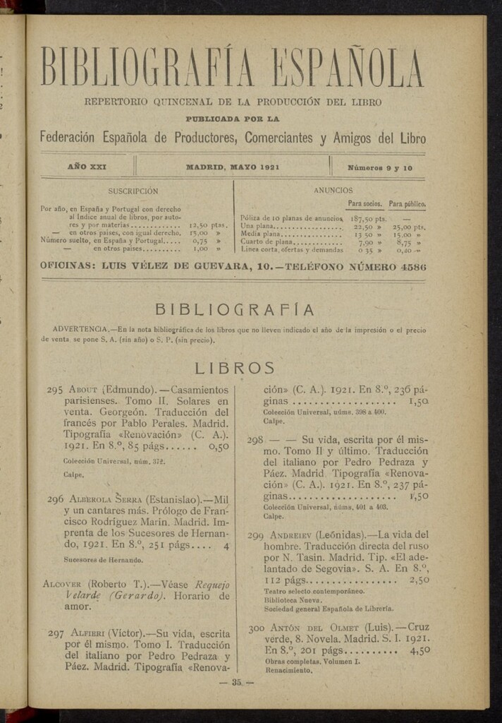 Miniatura de Bibliografía Española de mayo de 1921