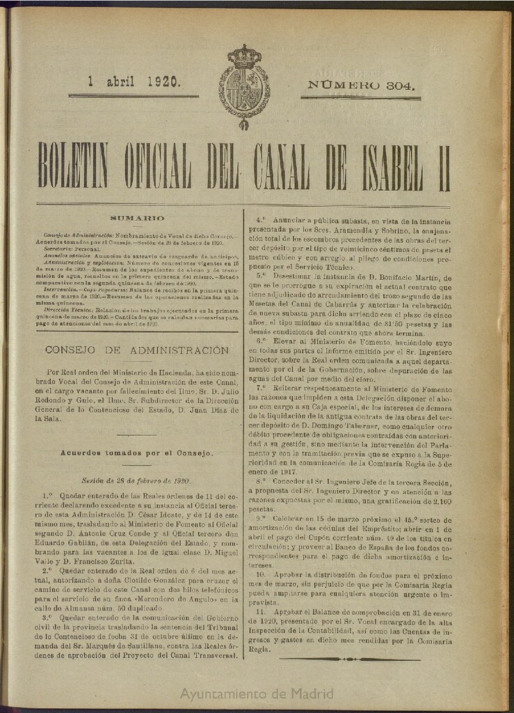 Miniatura de Boletín Oficial del Canal de Isabel II del 1 de abril de 1920, nº 304