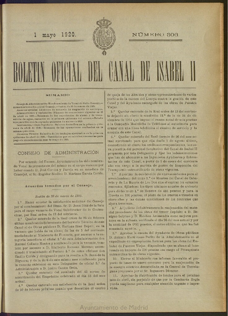 Miniatura de Boletín Oficial del Canal de Isabel II del 1 de mayo de 1920, nº 306