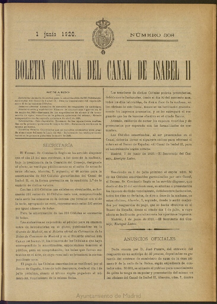 Miniatura de Boletín Oficial del Canal de Isabel II del 1 de junio de 1920, nº 308