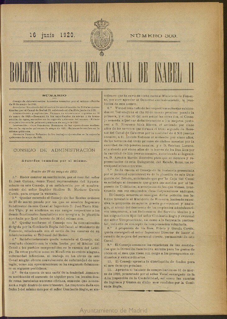 Miniatura de Boletín Oficial del Canal de Isabel II del 16 de junio de 1920, nº 309