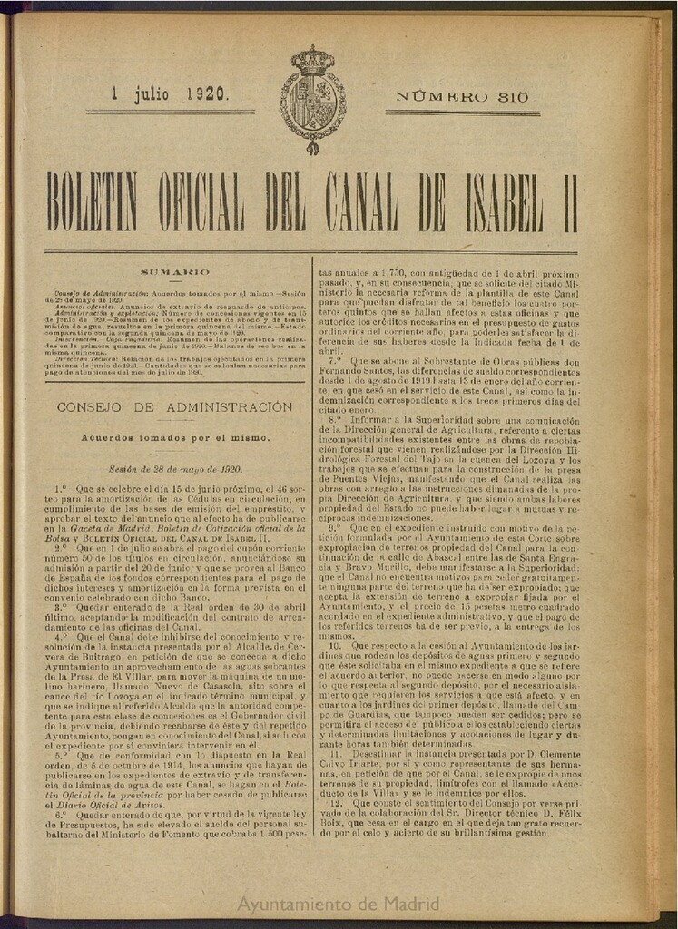 Miniatura de Boletín Oficial del Canal de Isabel II del 1 de julio de 1920, nº 310