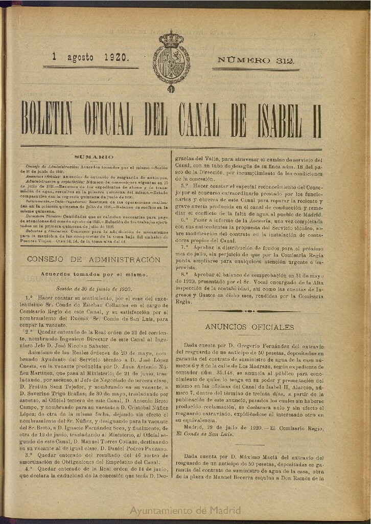 Miniatura de Boletín Oficial del Canal de Isabel II del 1 de agosto de 1920, nº 312