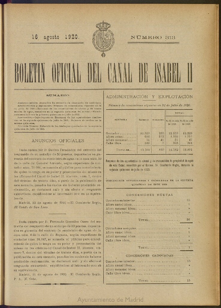 Miniatura de Boletín Oficial del Canal de Isabel II del 16 de agosto de 1920, nº 313