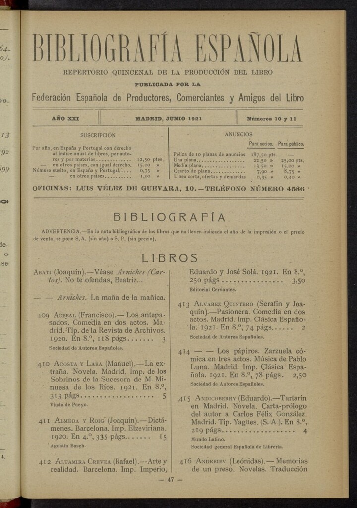 Miniatura de Bibliografía Española de junio de 1921