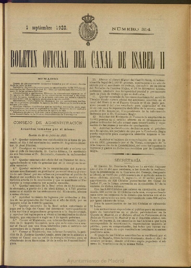 Miniatura de Boletín Oficial del Canal de Isabel II del 1 de septiembre de 1920, nº 314