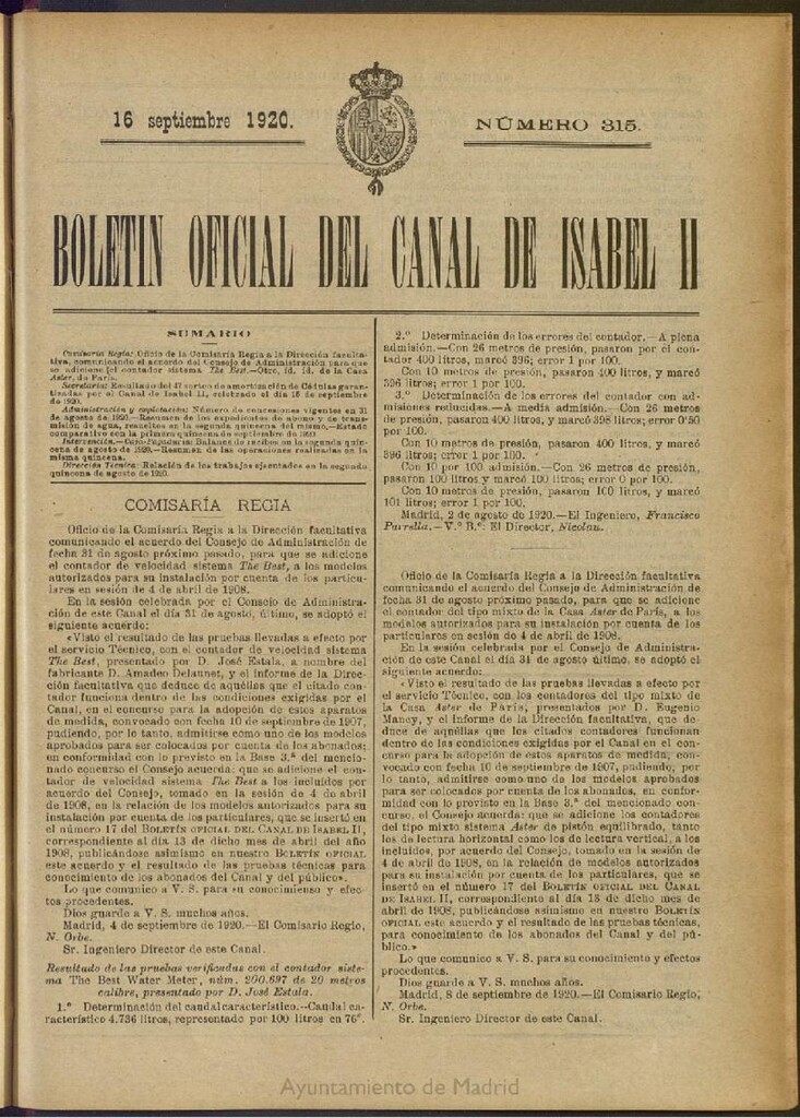 Miniatura de Boletín Oficial del Canal de Isabel II del 16 de septiembre de 1920, nº 315