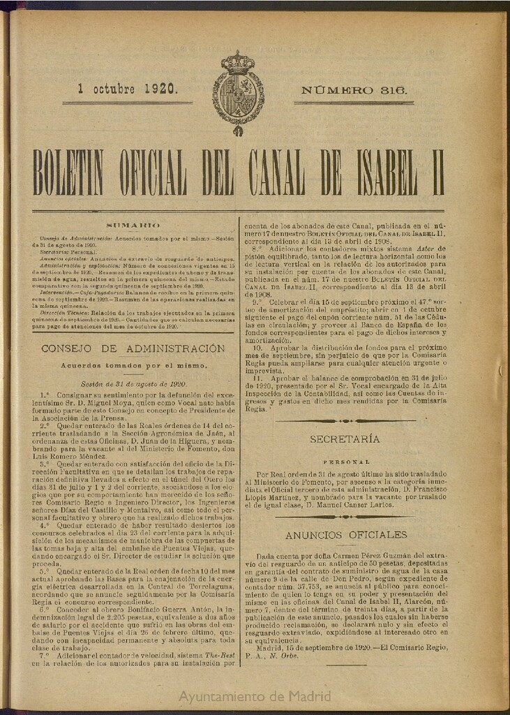 Miniatura de Boletín Oficial del Canal de Isabel II del 1 de octubre de 1920, nº 316