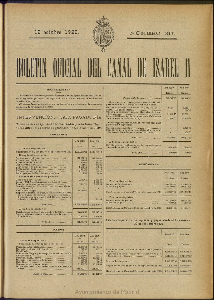Miniatura de Boletín Oficial del Canal de Isabel II del 16 de octubre de 1920, nº 317