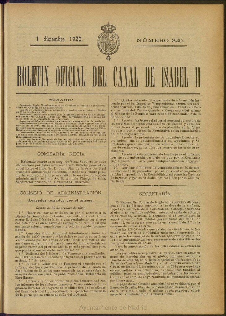 Miniatura de Boletín Oficial del Canal de Isabel II del 1 de diciembre de 1920, nº 320