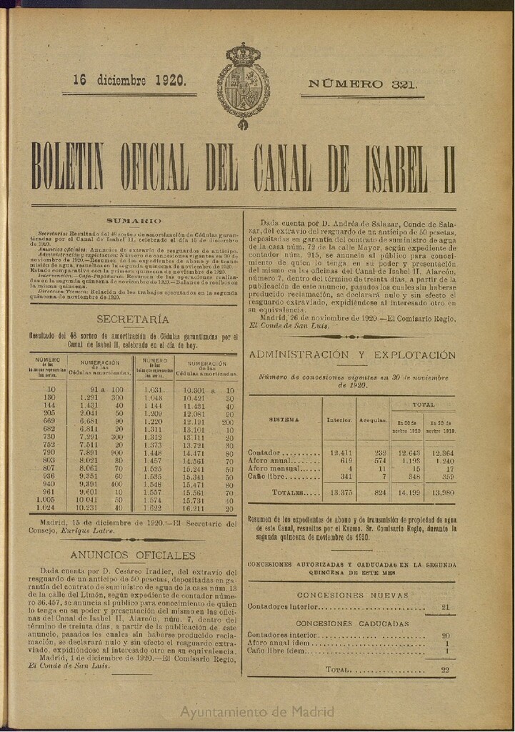 Miniatura de Boletín Oficial del Canal de Isabel II del 16 de diciembre de 1920, nº 321