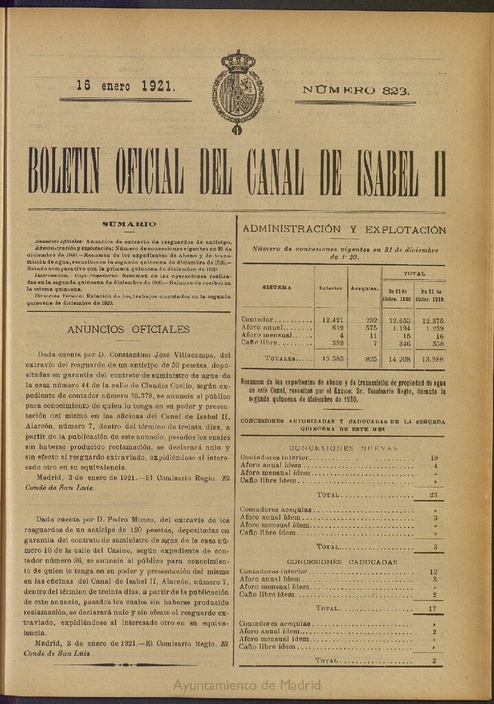 Miniatura de Boletín Oficial del Canal de Isabel II del 16 de enero de 1921, nº 323