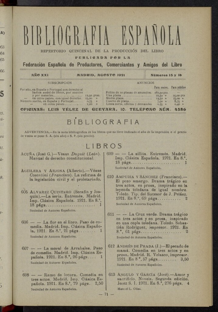 Miniatura de Bibliografía Española de agosto de 1921