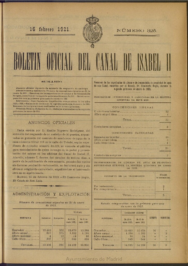 Miniatura de Boletín Oficial del Canal de Isabel II del 16 de febrero de 1921, nº 325