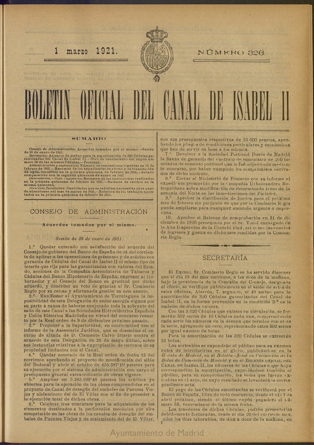 Miniatura de Boletín Oficial del Canal de Isabel II del 1 de marzo de 1921, nº 326