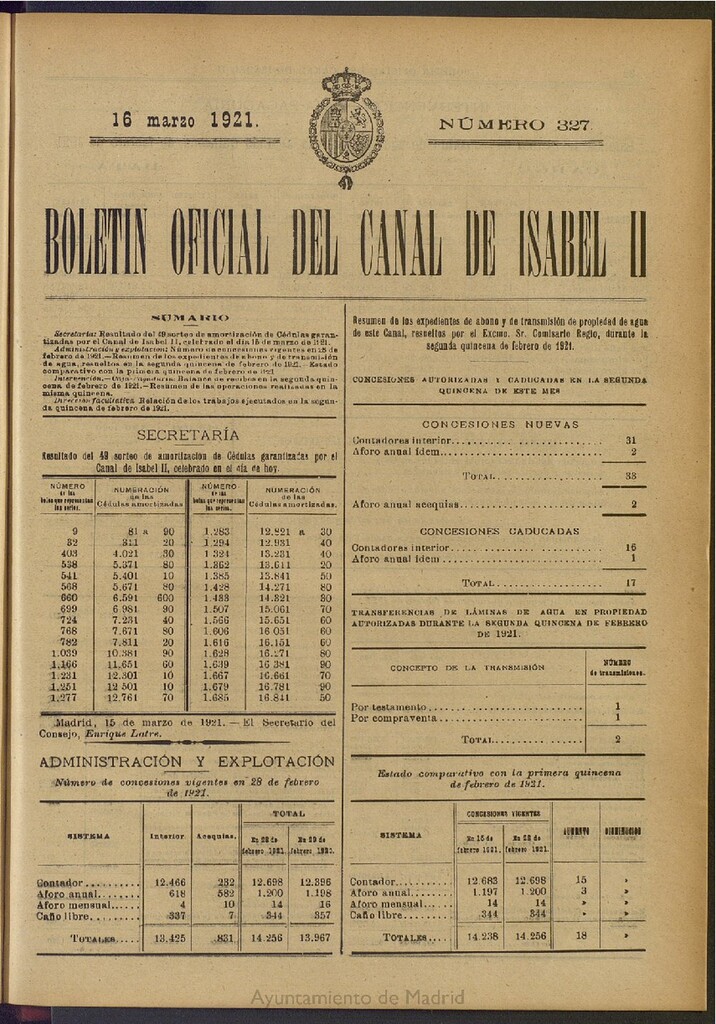 Miniatura de Boletín Oficial del Canal de Isabel II del 16 de marzo de 1921, nº 327